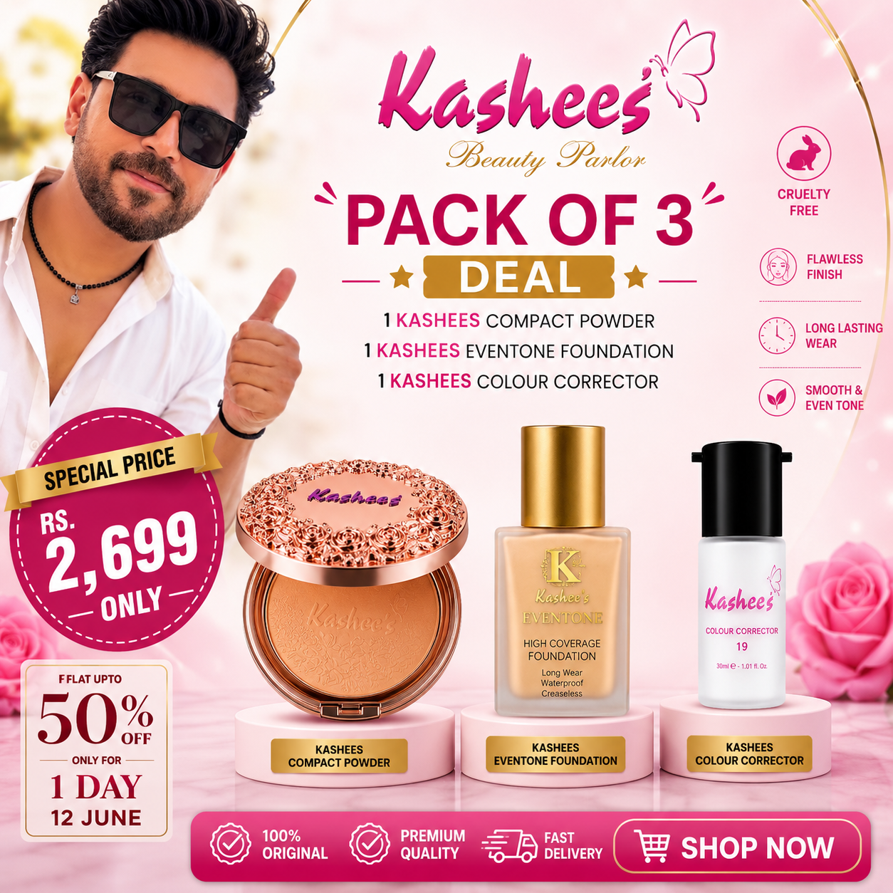 Kashee's Pack Of 4 Foundation,Compact Powder,Lens,Eyelashes